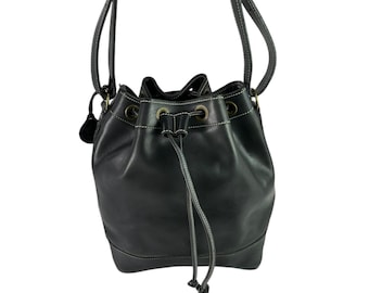 Vintage JEAN LOUIS FERNANDEZ Black Leather Drawstring Bucket Shoulder Bag France