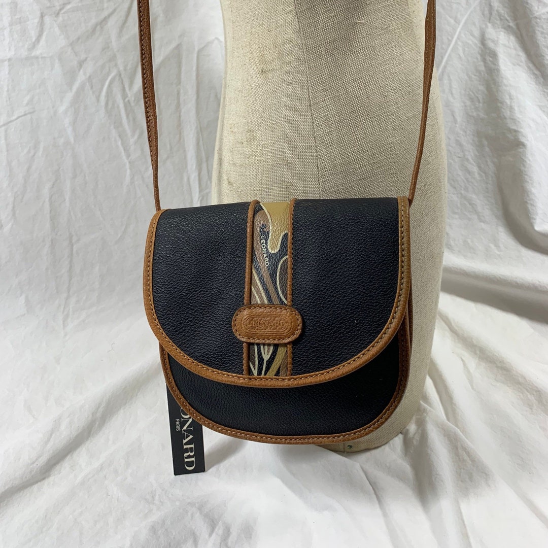 Vintage Leonard Paris Leather Brown Coated Canvas Bucket Shoulder Bag Drawstring