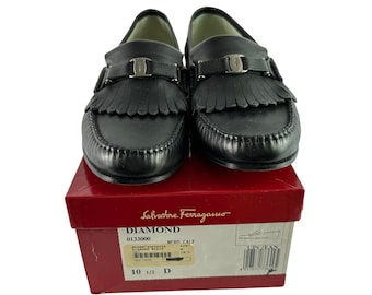 Sällsynta vintage SALVATORE FERRAGAMO diamant svarta läderloafers 10.5 D