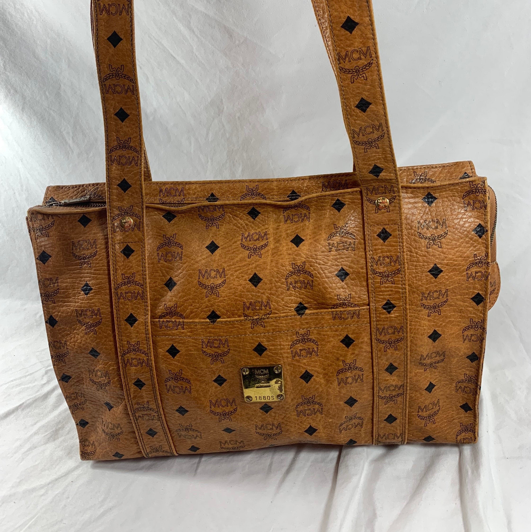 MCM Vintage Visetos Coated Canvas Tennis Bag in Brown