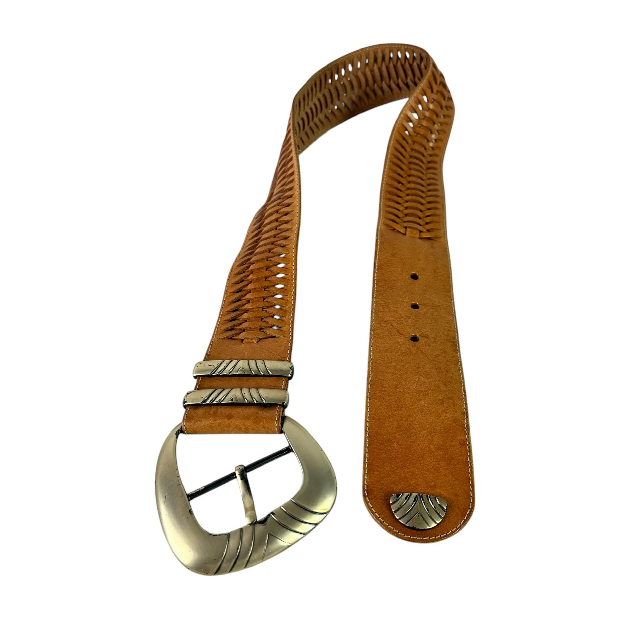 Vintage AVION Tan Boho Wide Leather Braided Belt Women display picture 3
