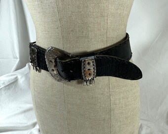 Stunning vintage croc pattern genuine leather wide belt medium black Stunning vintage croc pattern genuine leather wide belt  main image 3