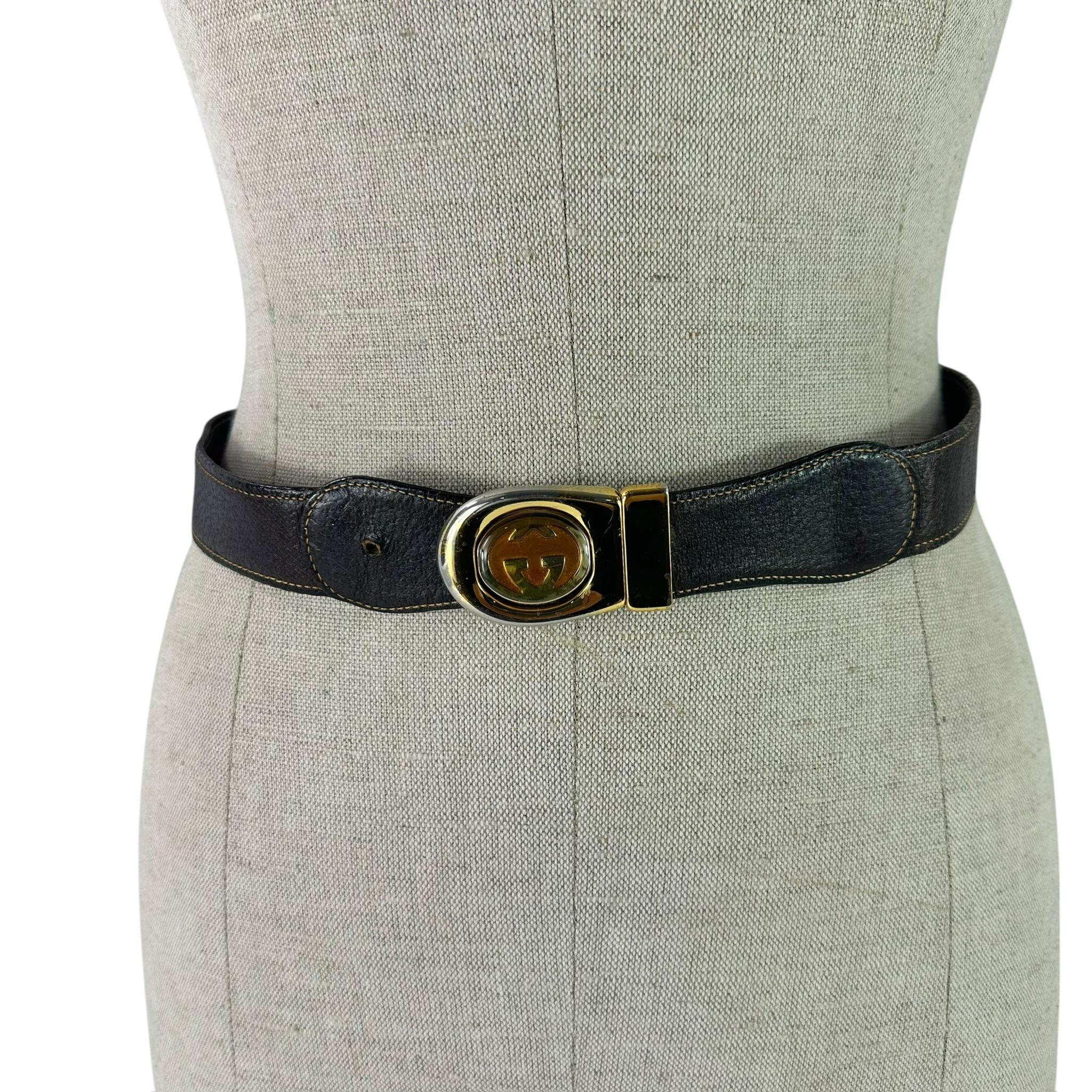 Gucci Vintage SKINNY 2-Tone Brown Gray Leather Belt Gold GG  display picture 3