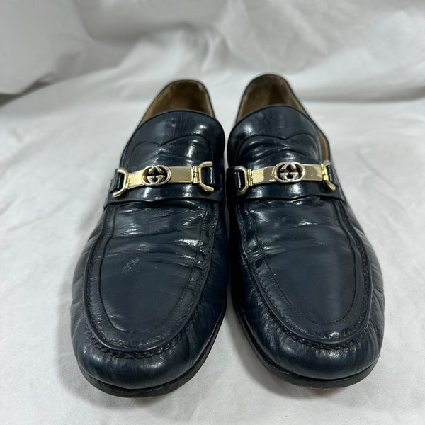Men genuine GUCCI navy blue leather horse bit GG logo loafers shoes 8 42 S