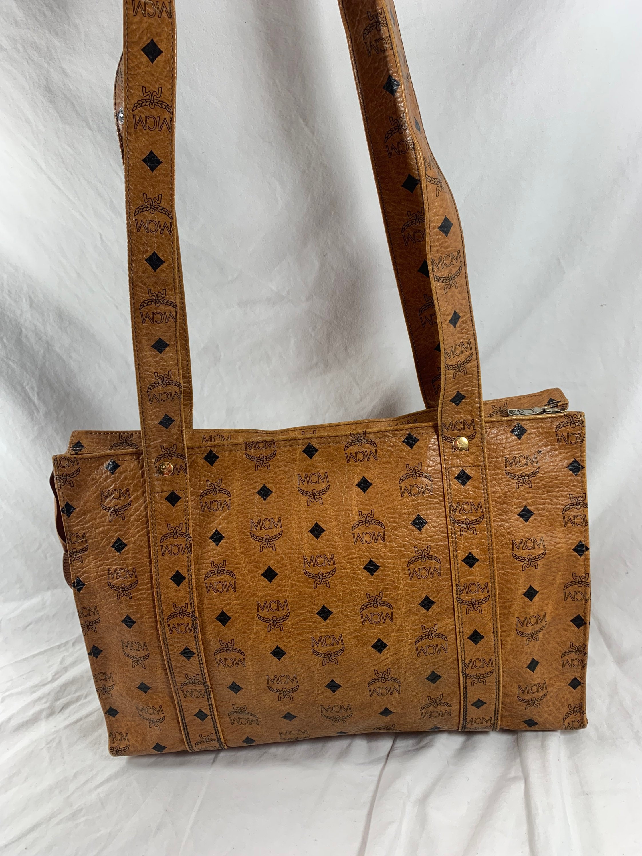 Genuine MCM Munchen Cognac Tan Signature Canvas and Leather Tote