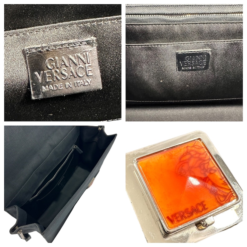 May include: A collection of images showcasing a black Gianni Versace handbag and accessories. The handbag features a silver metal tag with the brand name and "Made in Italy". One image shows an orange and silver Versace compact with a Medusa head design.
