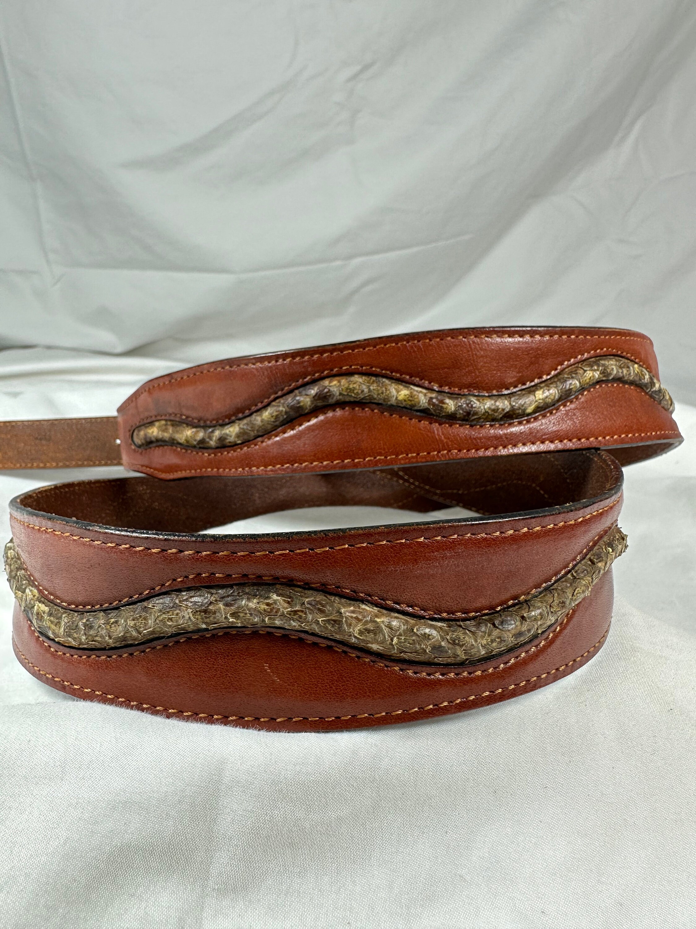 Genuine Vintage Brown Leather Belt With Snake Trim Horse  display picture 2
