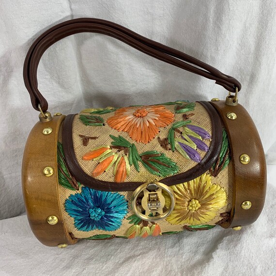 Genuine vintage wood barrel bag with raffia embroi