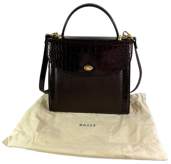 Vintage BALLY Brown Embossed Croc Leather Top Handle Shoulder Bag