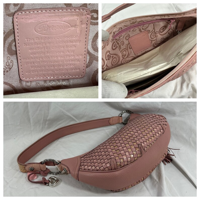 May include: A pink leather shoulder bag with a woven design on the front. The bag has a long strap, a silver-tone ring, and a small charm. The interior features a pink lining with a floral pattern. The bag has a small tassel.