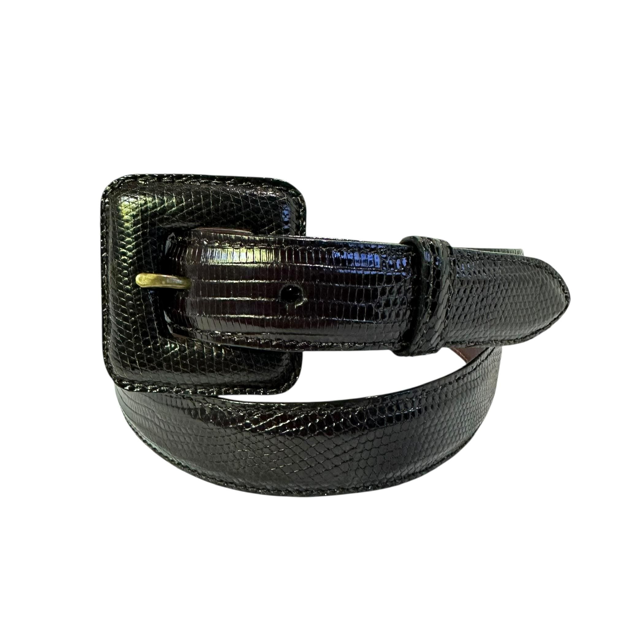 Kleinberg Sherrill Vintage Black Lizard Textured Leather Belt with Gold Buckle kleinberg sherrill Alligator Waist Belt - Black Belts  main image 2