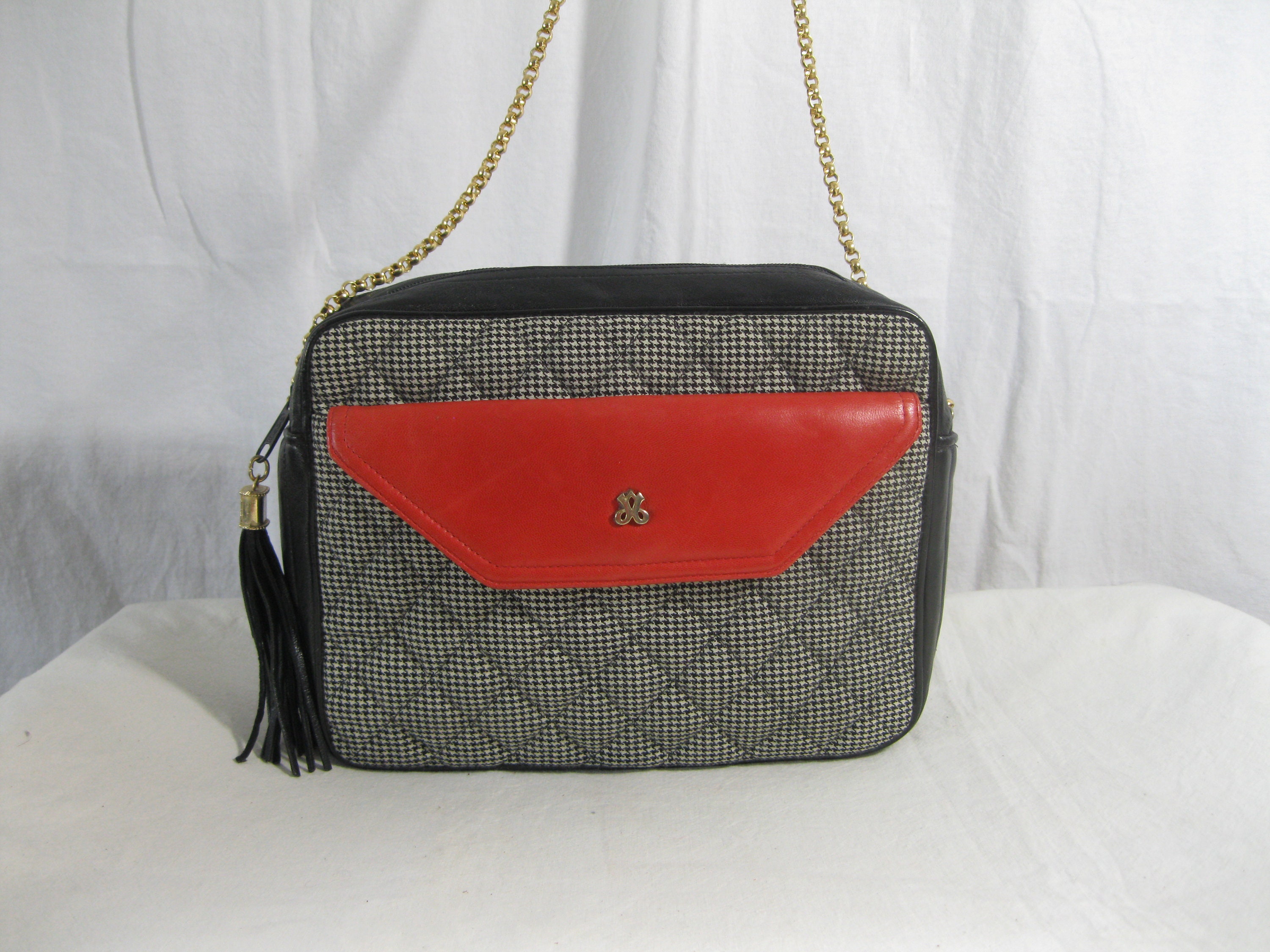 Vintage Jay Herbert Quilted Leather Canvas Chain Link Shoulder Bag with Tassel Cross Body