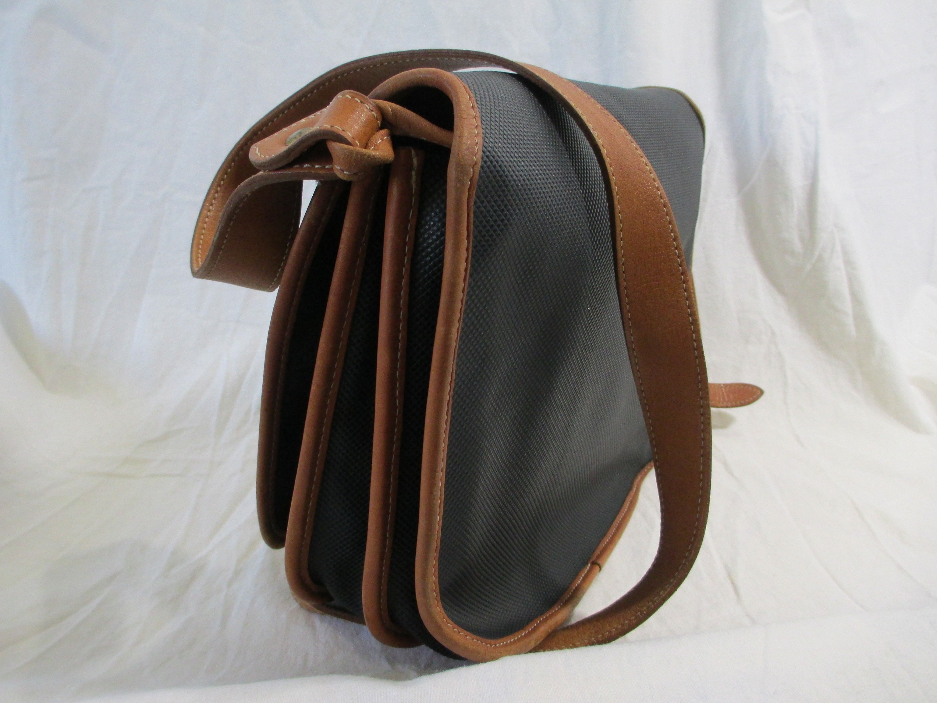 Vintage LONGCHAMP Black Coated Canvas and Tan Leather 