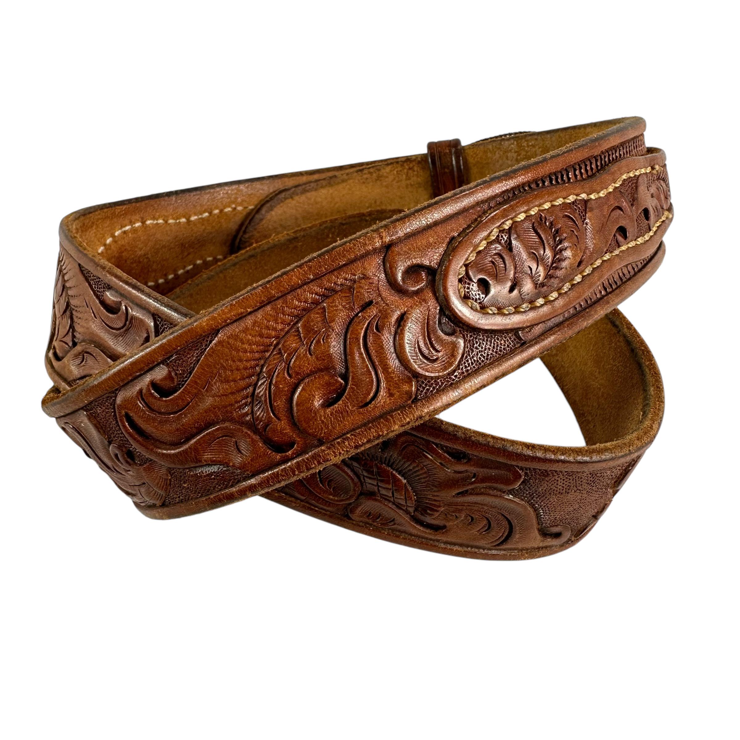 Vintage Hand Tooled Leather Belt Wooden Belt Buckle Bohemian Gypsy Womens M Womens HAND TOOLED LEATHER Rhinestone Western Cowgirl Cowboy  main image 3