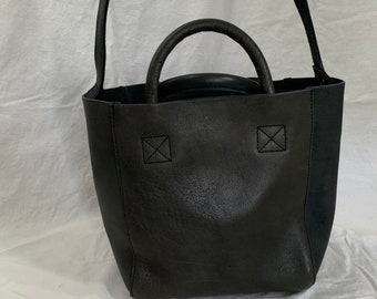 素敵な本物のヴィンテージブラックレザーショッパートートバッグ 
