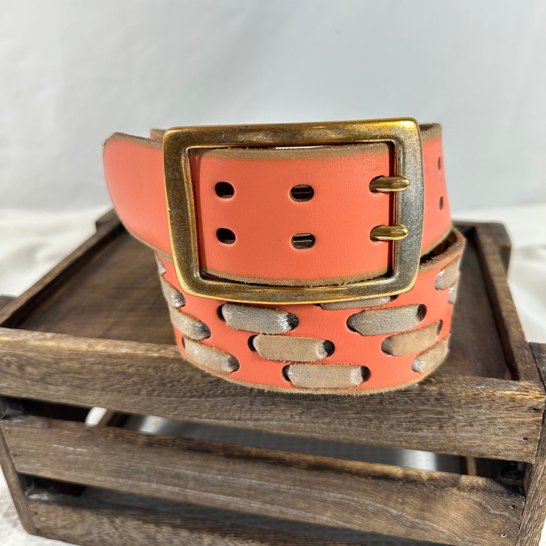 Linea Pelle Brown “Clay” Leather
Metal gold floral studded belt Brass Buckle | S LP Linea Pelle Womens XL Belt Black & Blue Vegan Faux  main image 2