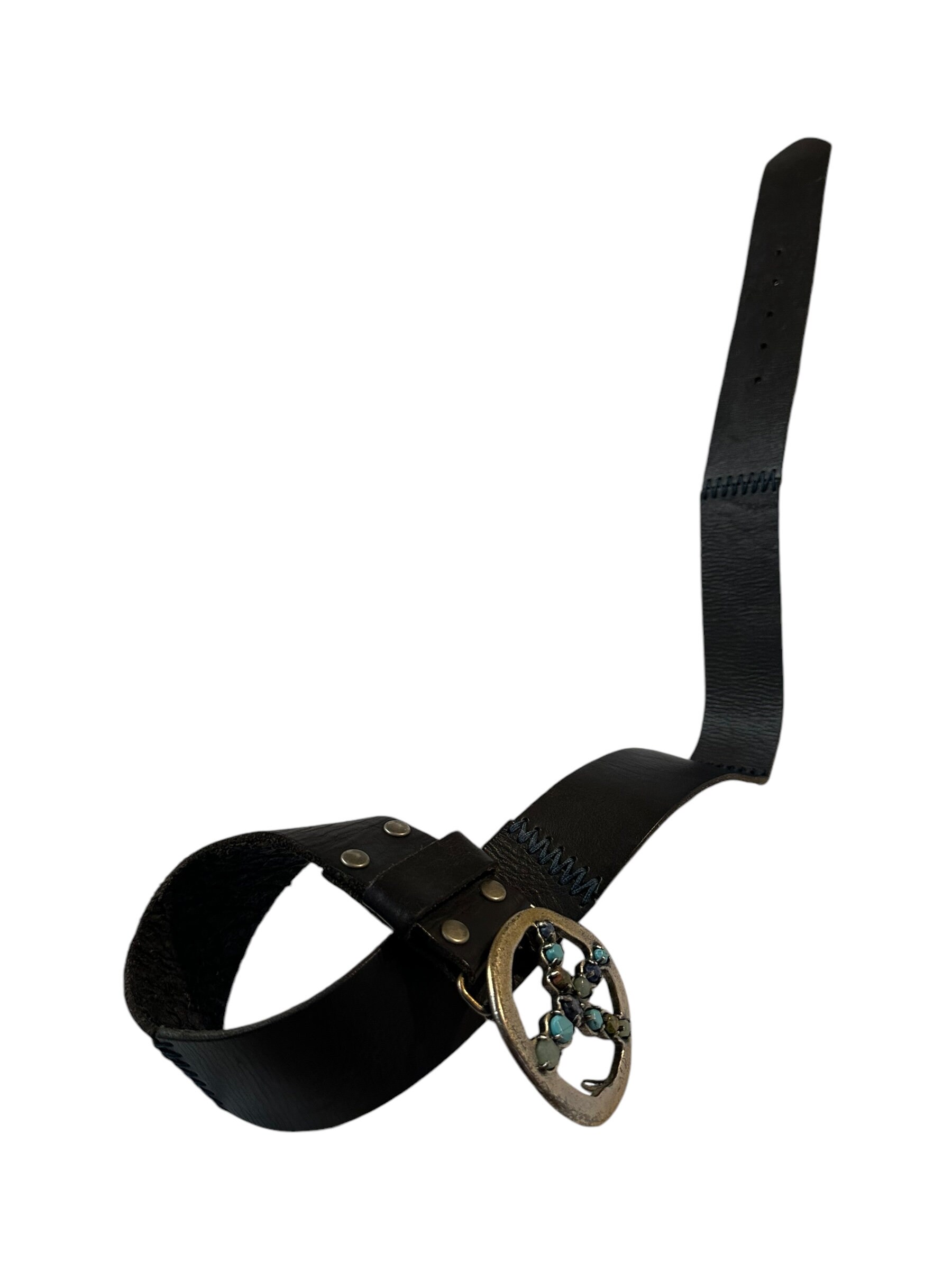 Genuine LUCKY Black Leather Peace Gemstone Buckle Women display picture 2