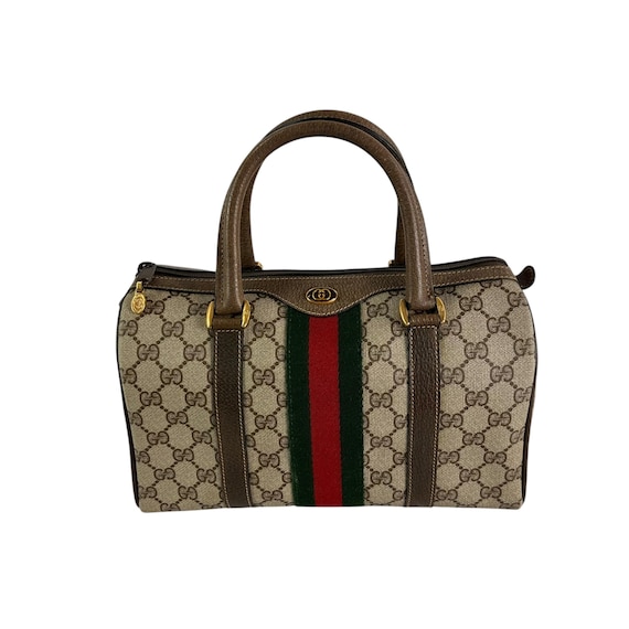 Vintage GUCCI Brown Signature Web Boston Leather and Canvas