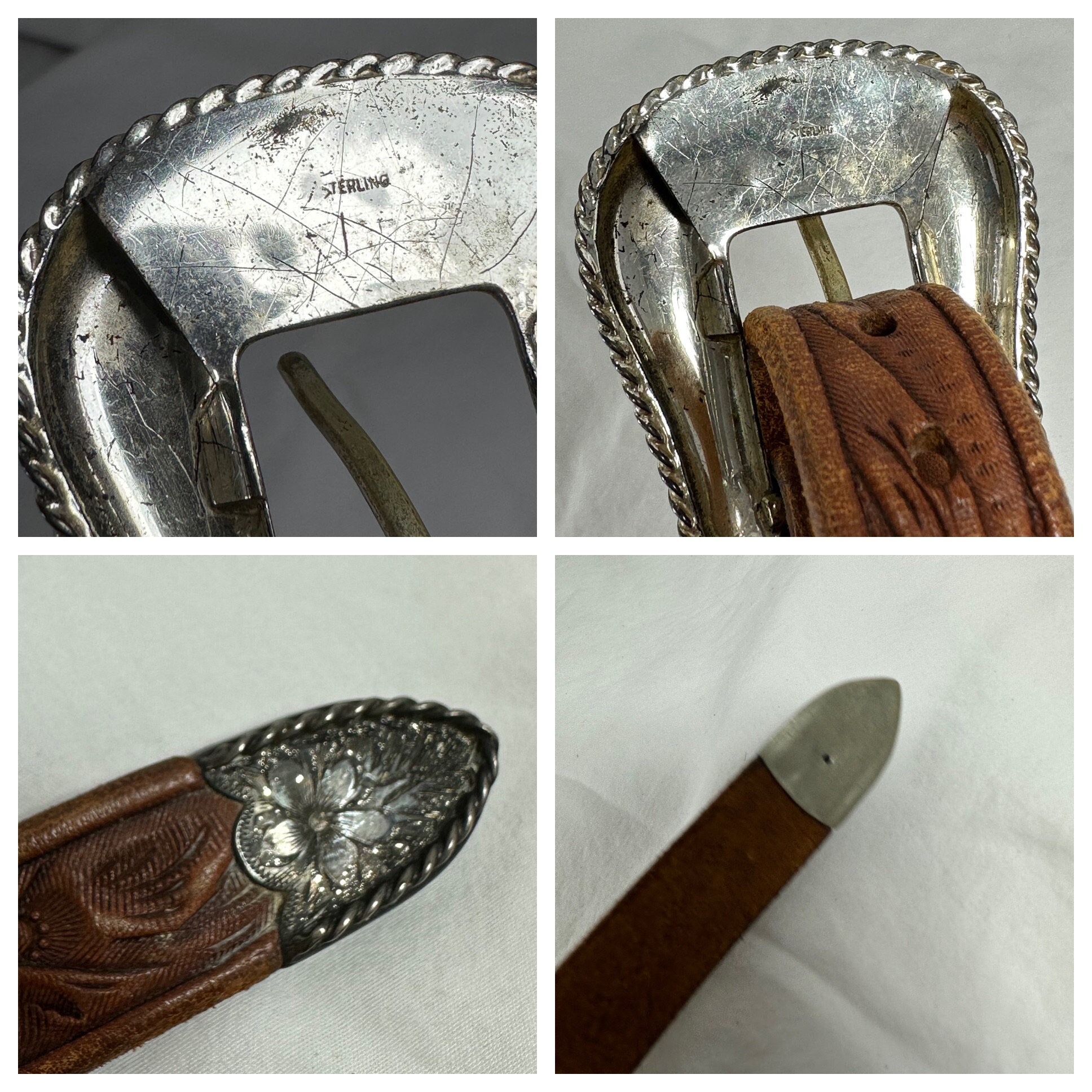 Vintage 4 Piece Sterling Tan Western Tooled Leather Belt 