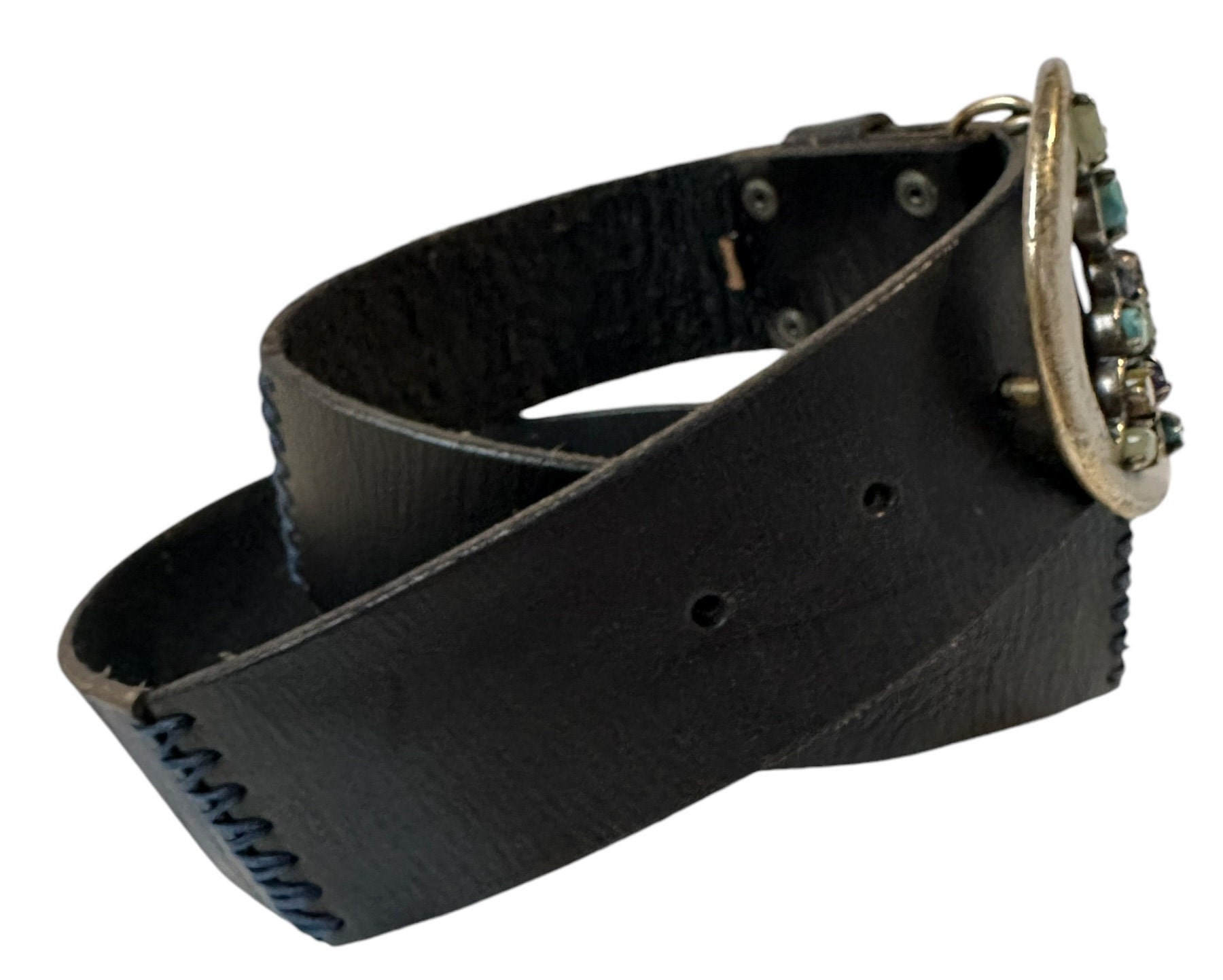 Genuine LUCKY Black Leather Peace Gemstone Buckle Women display picture 3
