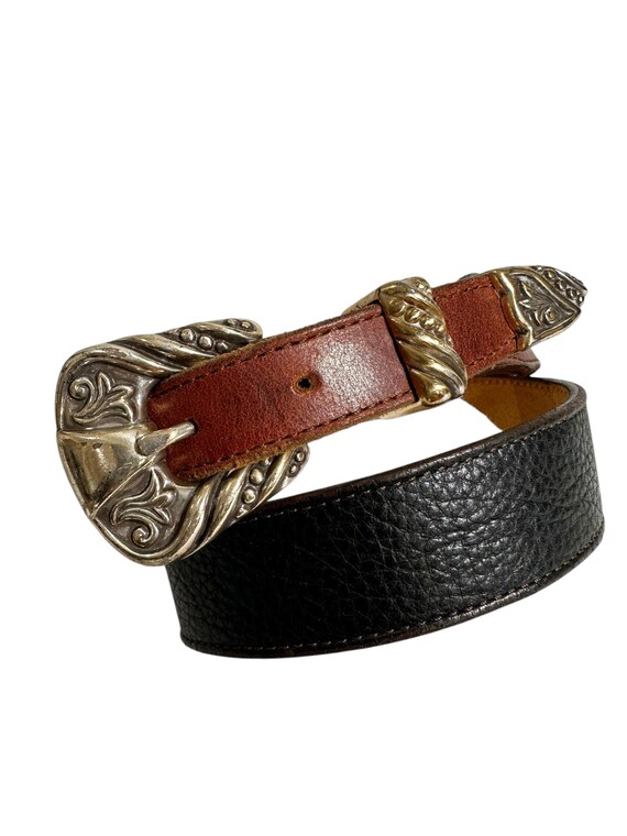 NOCONA Brown/Black Leather Belt With Floral Buckle Western Made In USA 30 NOCONA Brown/black Leather Belt With Floral Buckle Western  main image 4
