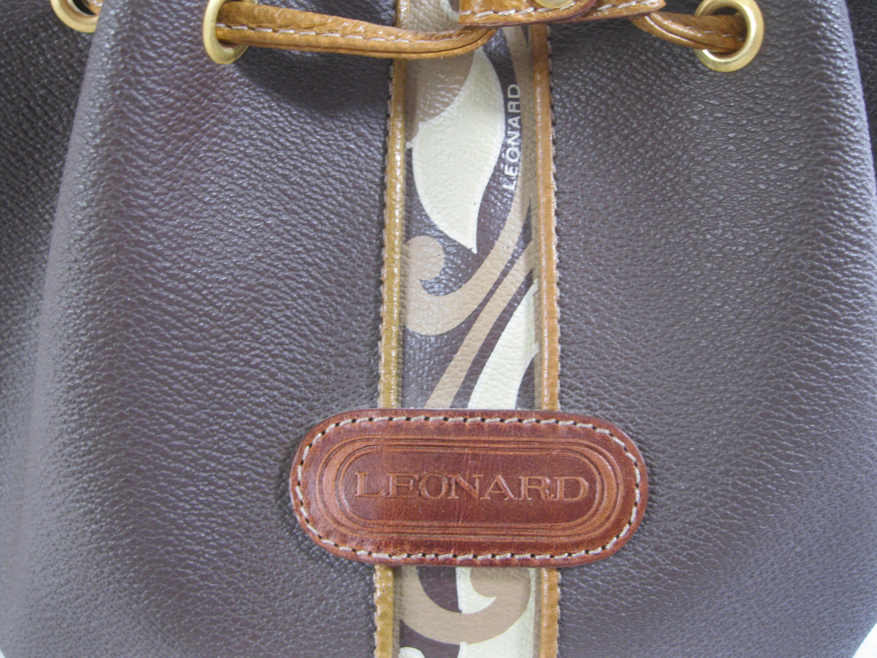 Vintage Leonard Paris Leather Brown Coated Canvas Bucket Shoulder Bag Drawstring