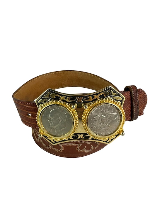 Vintage Tan TONY LAMA Lizard Belt Eisenhower One Dollar  display picture 1