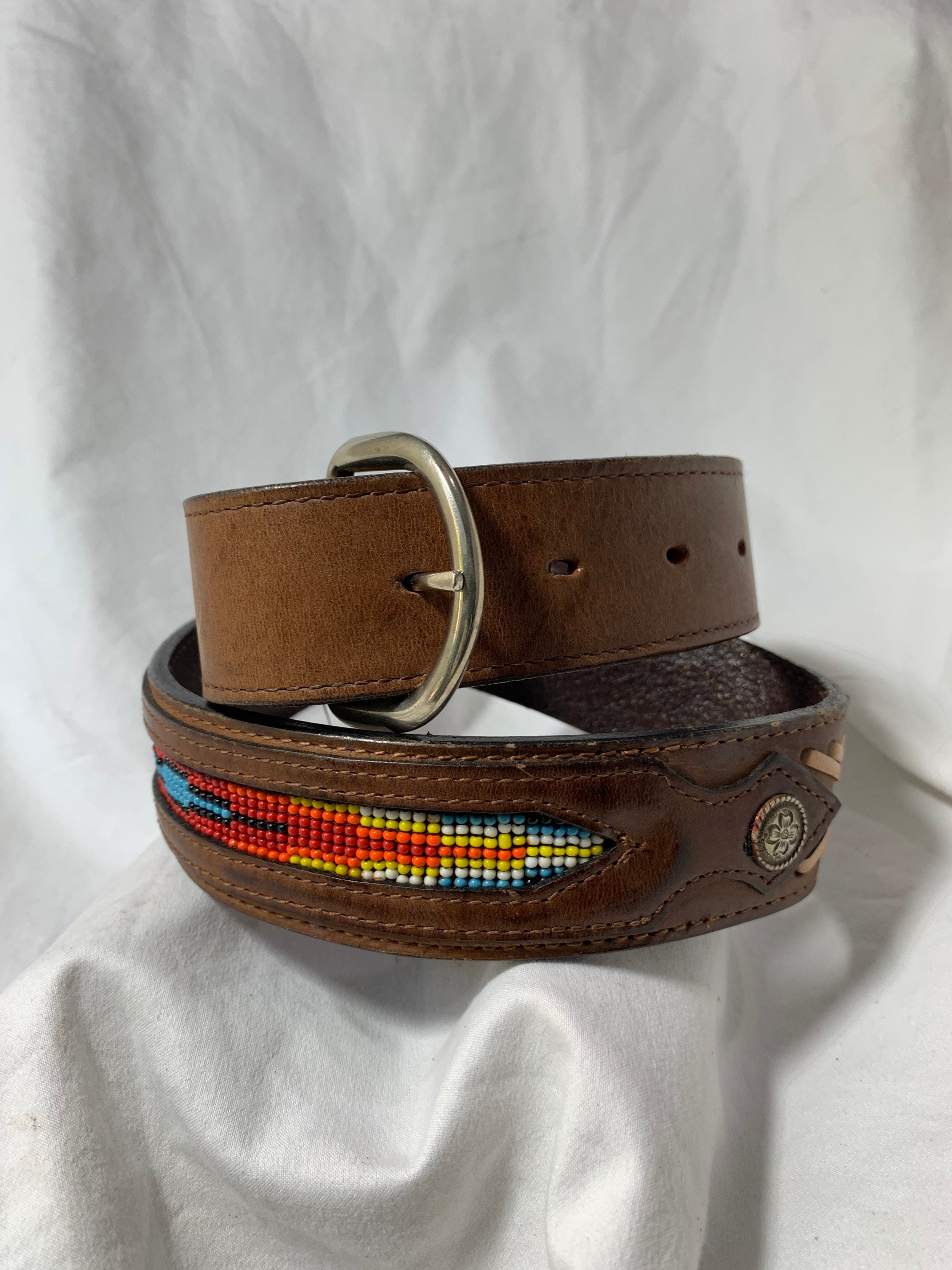 Vintage M & F Multi Color Beaded Brown Leather Belt Size 28 