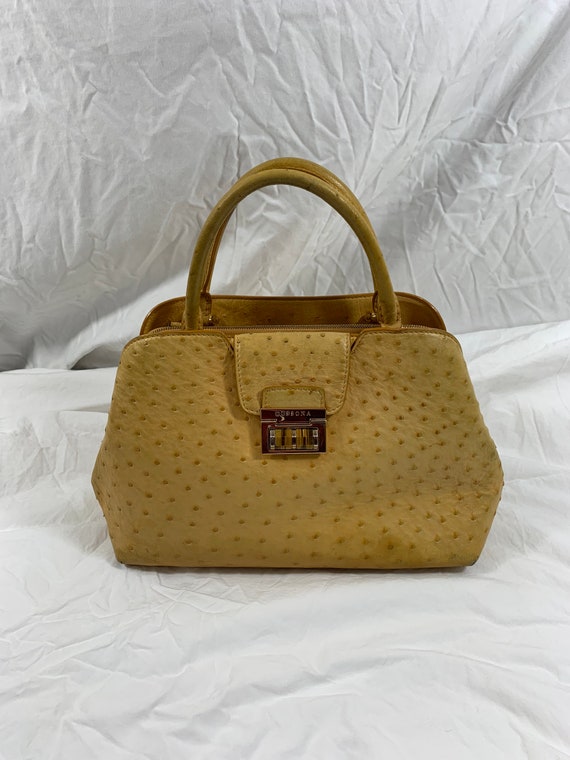 Vintage DISSONA Light Tan Ostrich Skin Satchel Bag Purse 