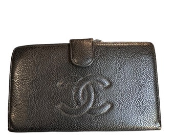Vintage genuine CHANEL black caviar leather long wallet organizer authenticated