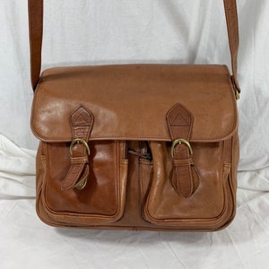 Vintage TANNERY WEST tan leather briefcase laptop carrier messenger bag with strap crossbody
