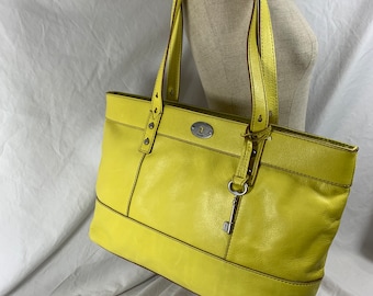 Genuine vintage FOSSIL bright yellow leather tote bag with  key fob