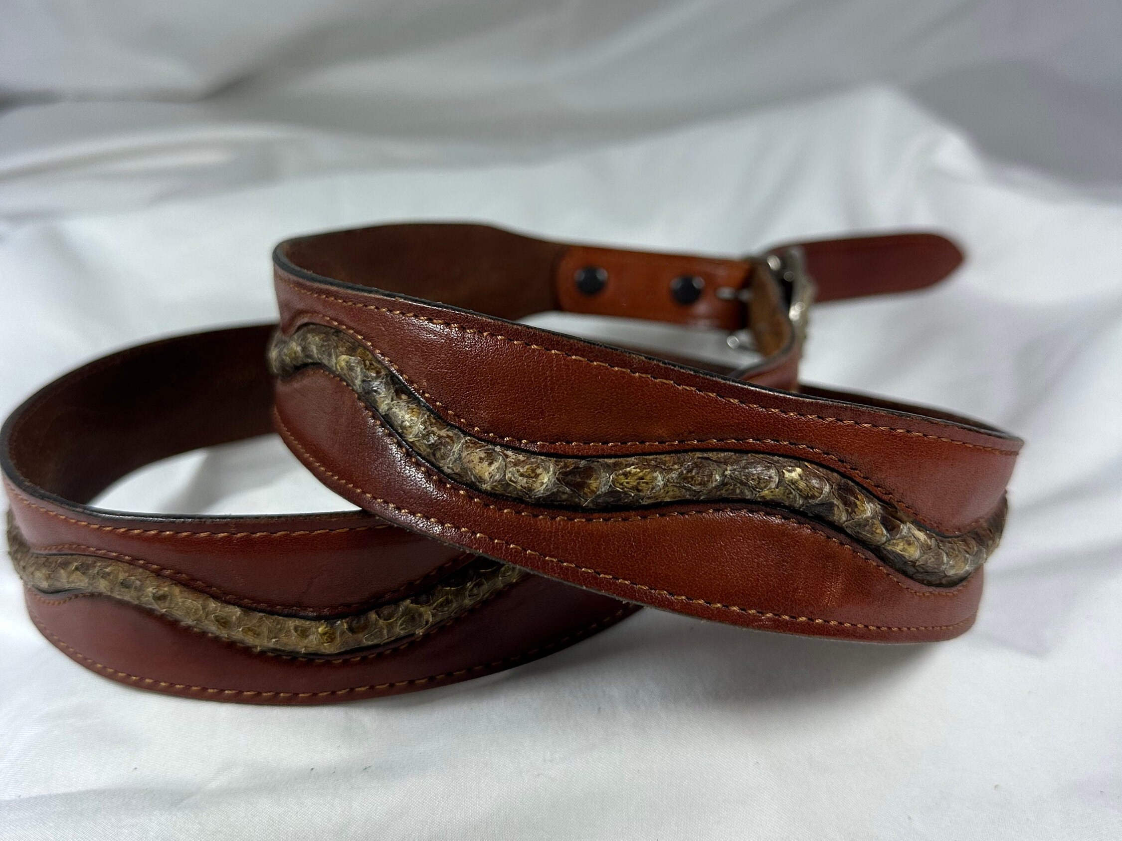 Horse Shoe Brand Brown Snakeskin Belt Size XL Genuine vintage brown leather leather belt with snake trim  main image 3