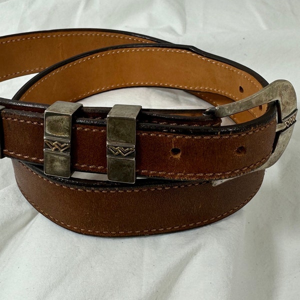 Stunning vintage JAMES REID sterling 14k western tan leather belt set size 36
