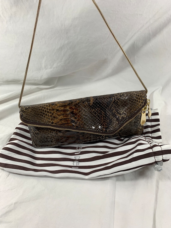 ?Sale? HENRI BENDEL Disturbed Stripes Snake-trim Genuine Vintage HENRI BENDEL Brown Patent Leather Bag With  main image 4