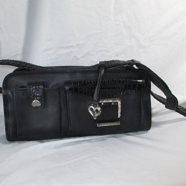 Sac Brighton Vintage – Bandoulière Noir Avec Motif Crocodile Marron En Relief – Occasion Bon état
