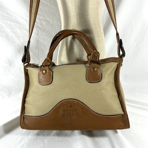 Vintage genuine Ghurka No 16 The Keeper tan leather and canvas satchel bag with strap