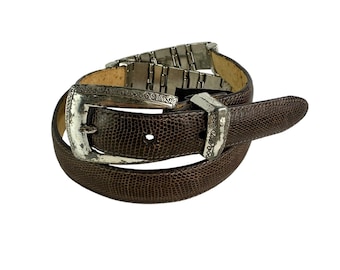 Brighton Brown Lizard Print Leather Belt Rope Silver tone Hardware Belt M