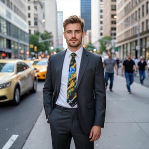 Puede incluir: Un hombre con un traje gris oscuro y una corbata estampada está de pie en una calle de la ciudad. La corbata presenta un diseño floral colorido sobre un fondo negro. Se ven taxis amarillos y peatones al fondo.