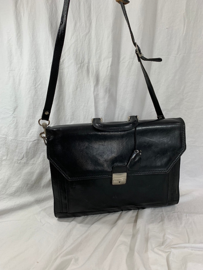 Genuine vintage black Italian leather briefcase messenger work bag