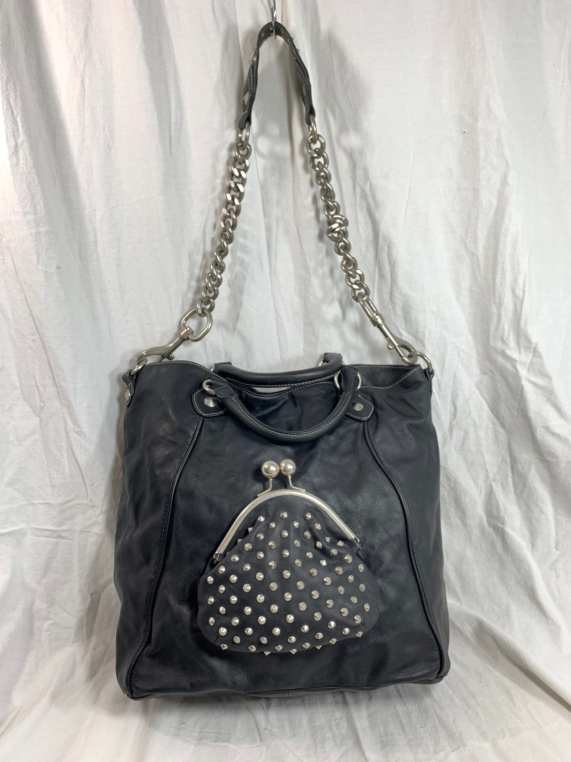 Vintage BETSEY JOHNSON black leather tote bag with kiss lock Etsy