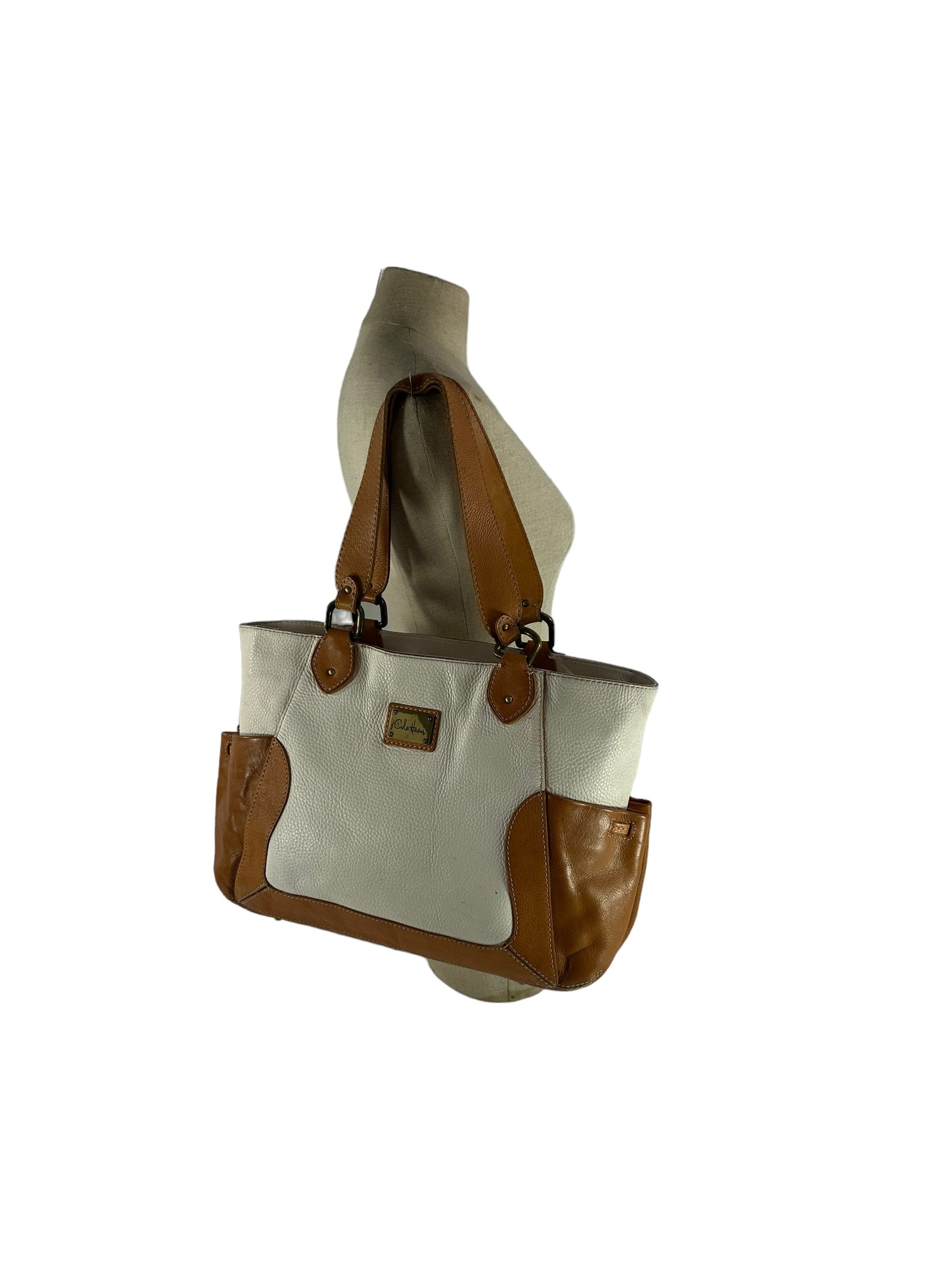 Vintage COLE HAAN White Pebbled Tan Leather Tote Bag Multi Pockets