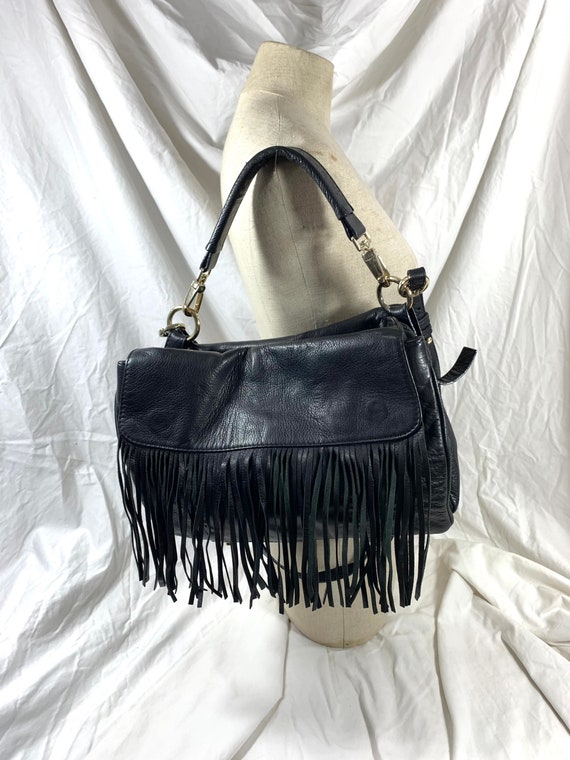 Vintage VIA REPUBBLICA Fringe Black Leather Shoulder Bag Crossbody