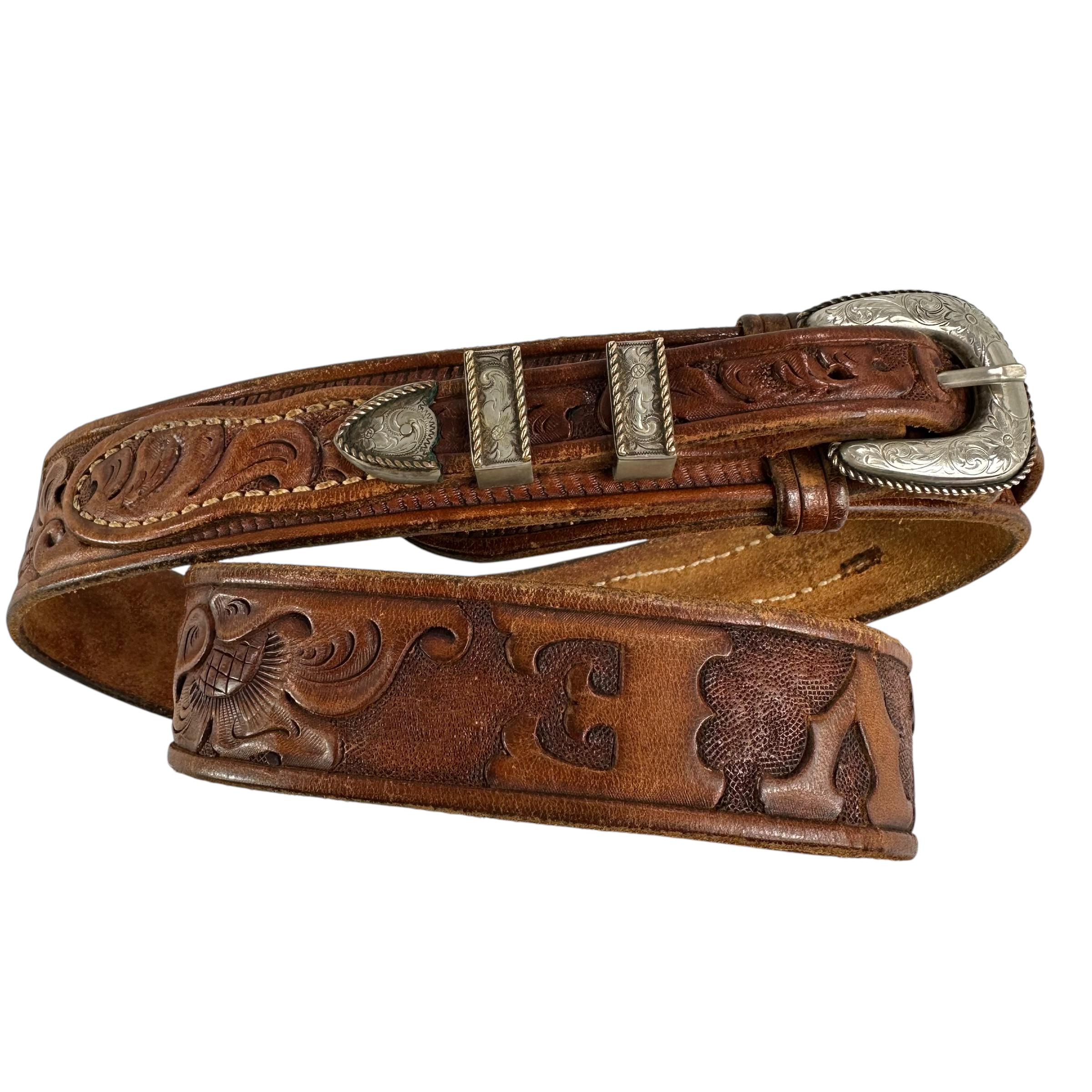 Vintage Hand Tooled Tan Leather Belt With Floral Wrangler  display picture 2