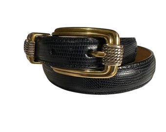 Retro Brighton Museum Black Leather Belt With Lizard Pattern  display picture 2