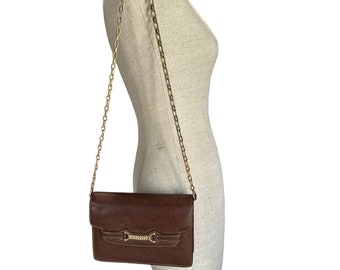 Amazing vintage GUCCI 1955 brown leather semi structured shoulder bag chain link and clutch
