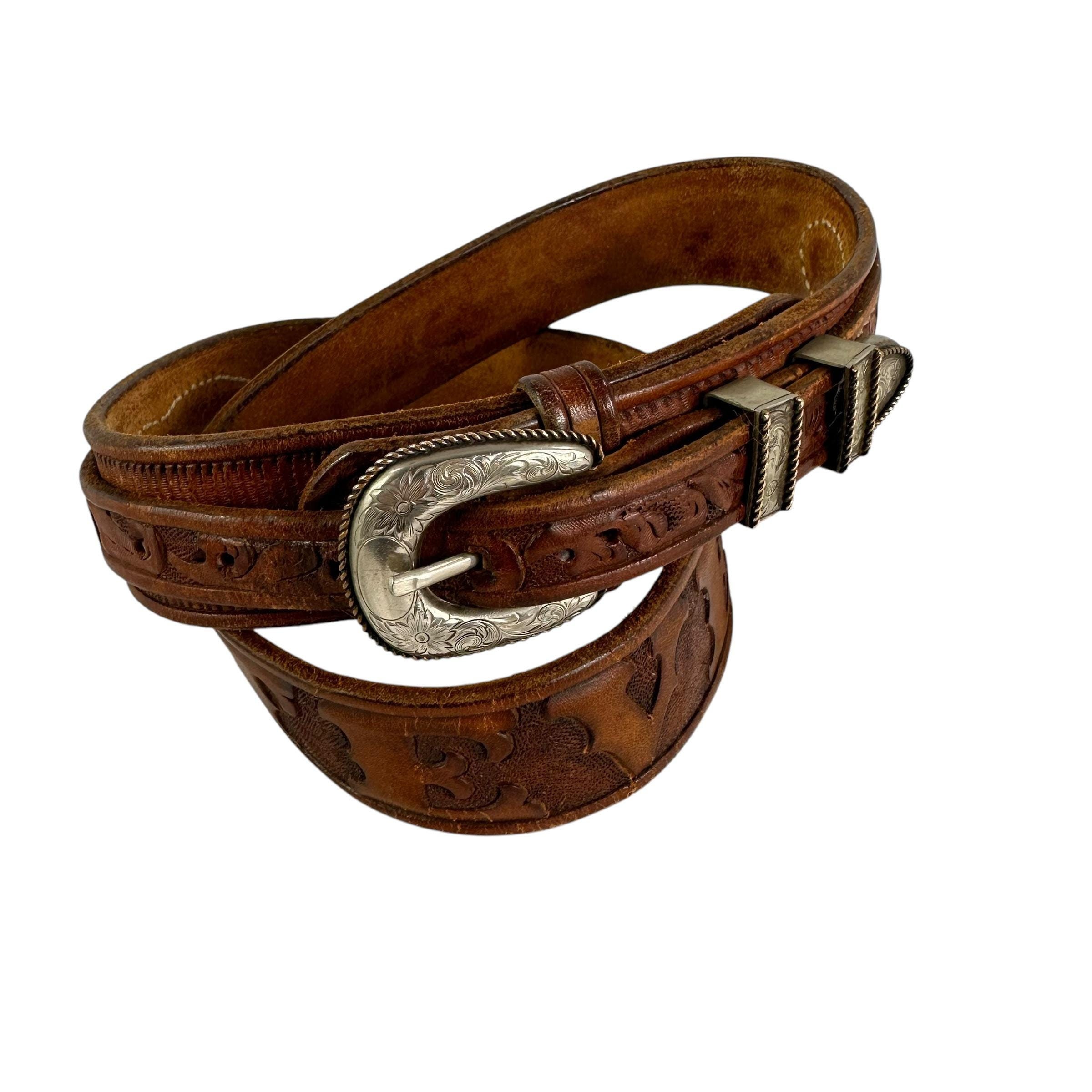 Vintage Italian Leather Belt Brown Tooled Western Boho Fleur De Lis Artisan Handcrafted Fleur de Lys Buckle Leather Belt  main image 2