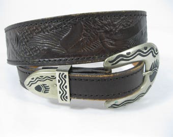 Ceinture Western Ranger en cuir véritable tanné à l'huile avec boucle argentée pour homme (noir, 38), Noir