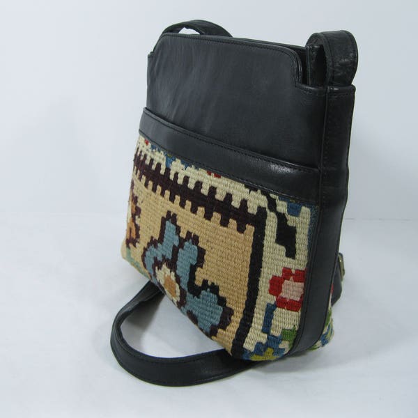 Vintage YUN art kilim and leather crossbody shoulder bag purse ethnic