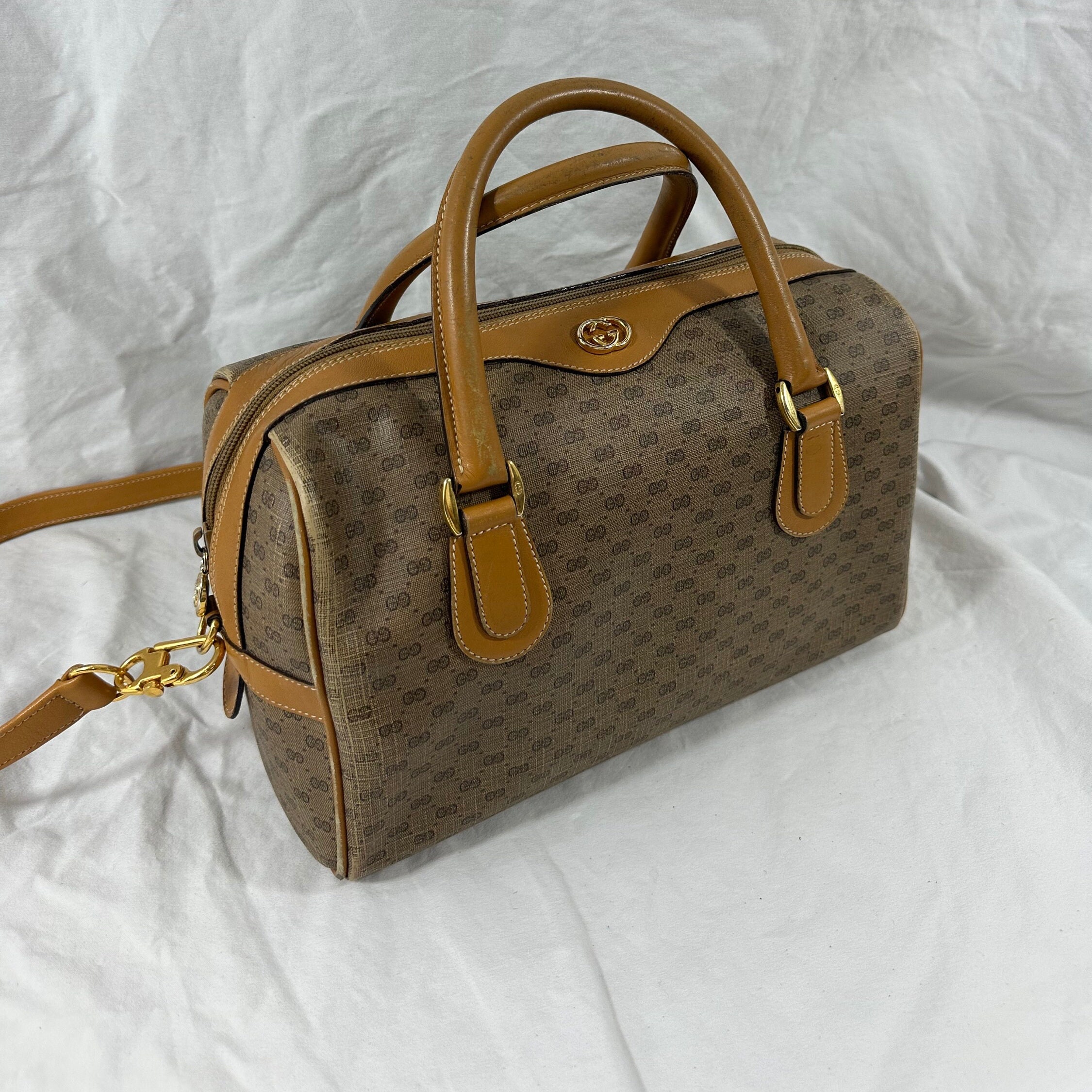 Vintage 70s Gucci GG Web Monogram Leather Speedy Boston Bag